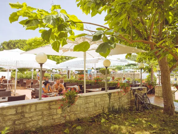 Stimmungsvolle Terrasse auf dem Roan-Campingplatz Zelena Laguna.