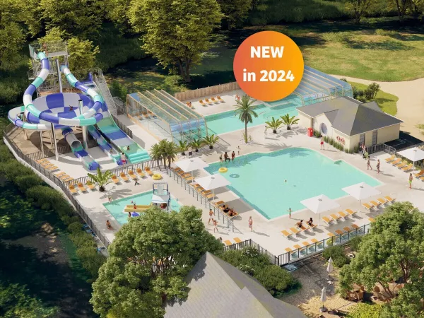 Übersicht über das neue Schwimmbad 2024 auf dem Campingplatz Domaine de la Brèche in Roan.