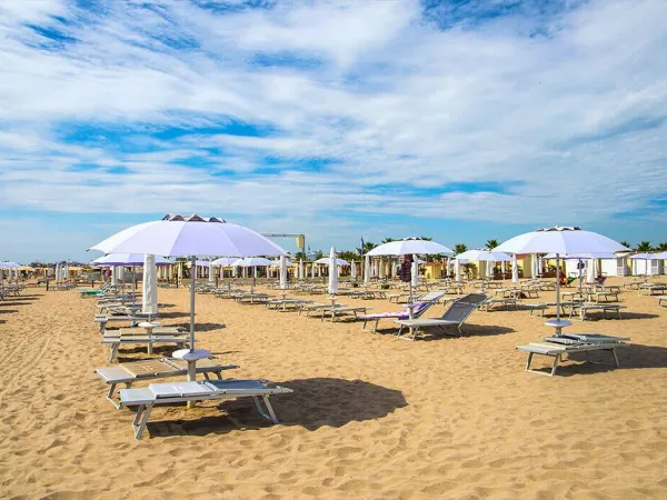 Strand mit Liegestühlen und Sonnenschirmen auf dem Campingplatz Roan Sole Family Camping Village.