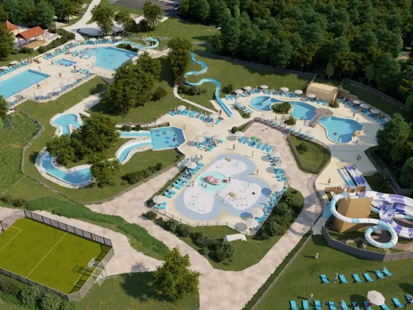Überblick über das Schwimmbad mit neuen Rutschen im Jahr 2025 auf dem Campingplatz Saint Avit Loisirs in Roan.