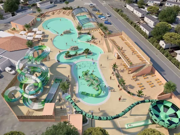 Luftaufnahme des Wasserparks Roan camping Le Domaine du Clarys. Neu im Jahr 2025!