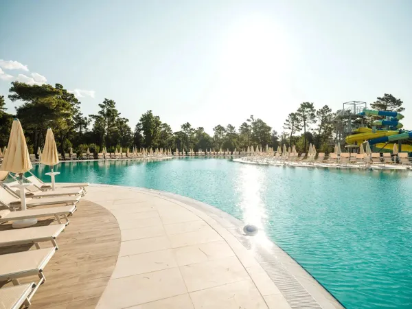 Neuer Swimmingpool mit Liegen und Sonnenschirmen auf dem Campingplatz Roan in der Ferienanlage Zaton.